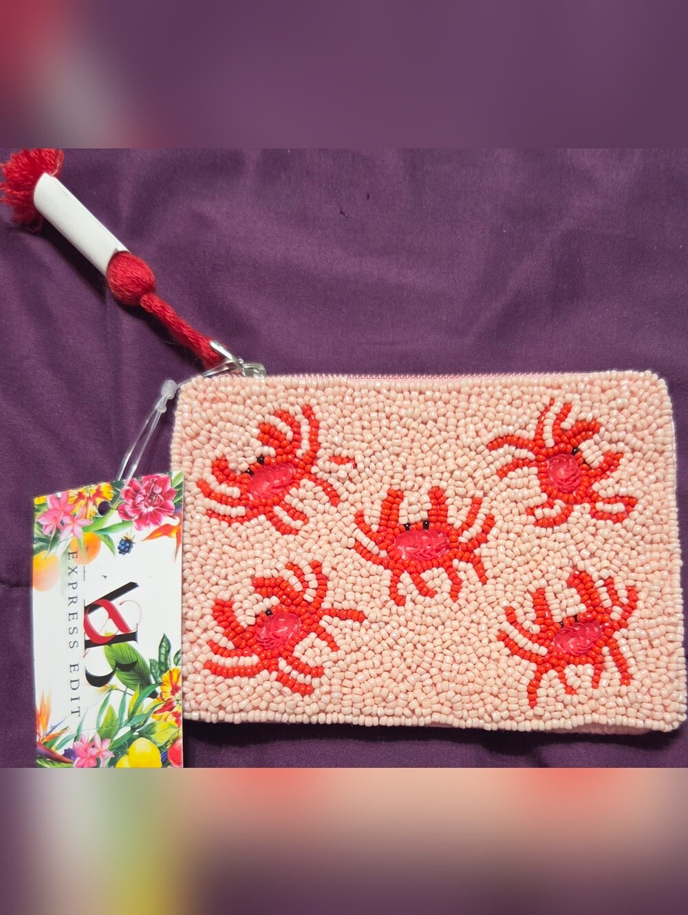 A&B Express Edit Beaded Crab Coin Pouch - Pink & Red